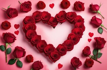 Red roses are laid out in the shape of a heart. Symbol of Love, Greeting Card, Valentine's Day, February 14
