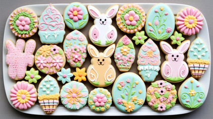 Fototapeta na wymiar Flat lay set of Easter cookies decorated with colorful icing
