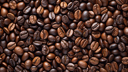Obraz premium roasted fresh brown coffee beans background, top view, International Coffee Day