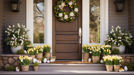 Warm inviting residental home entrance decorated for Easter