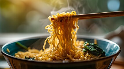 A bowl of noodles with chopsticks on the side