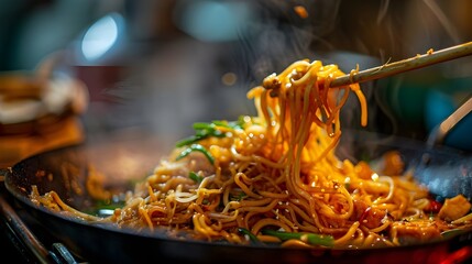 A bowl of noodles with chopsticks on the side