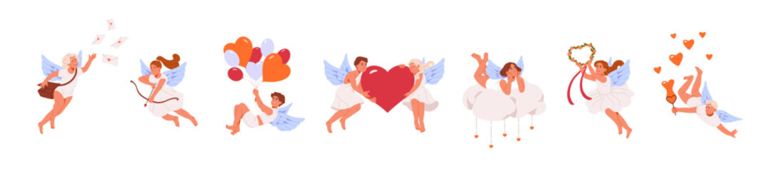 Cute cupids flying in air set. St. Valentines Day concept. Baby angel aiming, shots with arrows. Amor kids with wings hold a heart, romantic symbol of love. Flat isolated vector illustration on white - obrazy, fototapety, plakaty