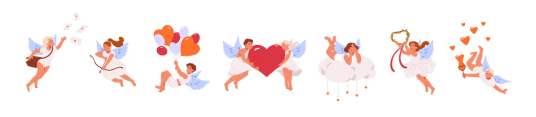 Fotobehang Cute cupids flying in air set. St. Valentines Day concept. Baby angel aiming, shots with arrows. Amor kids with wings hold a heart, romantic symbol of love. Flat isolated vector illustration on white © Paper Trident