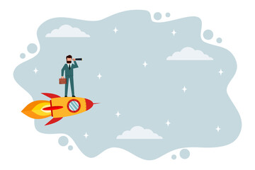 A businessman holding binoculars is standing on a rocket ship flying in the sky, heading toward success. Business starting ideas. Aiming for a big goal. Vector illustration flat design style
