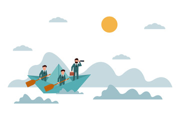 Businessman leader looking through binoculars is taking his business team on paper boat in the ocean with strong waves. Business struggle concept with obstacles. Teamwork leads to success.