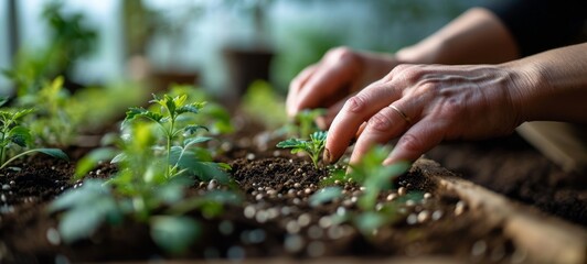 Close-up of farmer's hands planting hemp seeds in fertile soil among rows of young sprouted marijuana shoots in a greenhouse. Legalized cultivation of cannabis for medical purposes.