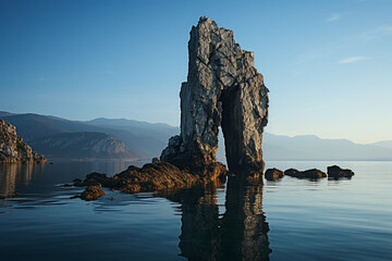 Featuring an interesting single rock formation that rises directly from the calm waters. The shape is unique and the texture of the rock is rough - obrazy, fototapety, plakaty
