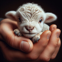 A baby lamb in the hand by people. Animal protection concept.