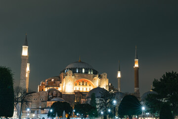 Hagia Sophia or Ayasofya Camii at night. Visit Istanbul concept photo.