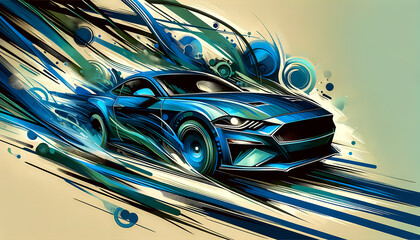 abstract painting of a car using blue and green colors