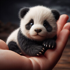 A panda bear cub held in the hand by people. Nature protection concept.