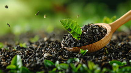 Dry Tea Wallpaper. Wooden Spoon Picks Up Mix Black And Green Tea Leaves. Turkish tea. Background