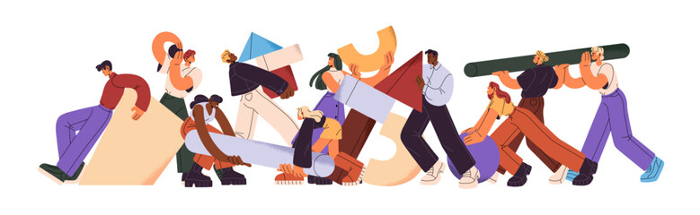 Team building concept. People create with abstract geometric shapes. Employees work together. Collaboration in business, partnership in office. Flat isolated vector illustration on white background