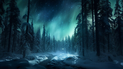 winter pine forest scene with Northern lights, AI Generative.