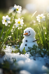Obraz premium Snowman on a meadow with grass and spring flowers growing through the melting snow. Concept of spring coming and winter leaving.