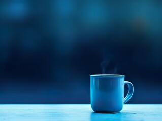 Sad blue coffee mug in a blue background. Blue monday concept. - obrazy, fototapety, plakaty