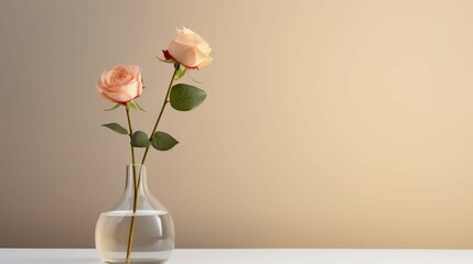 Roses in a vase on a white table and beige background with pastel colors concept.