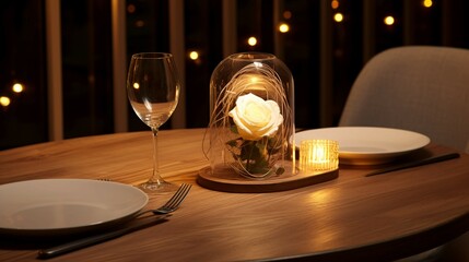 Romantic dinner setting with roses and candles on wooden table in restaurant.