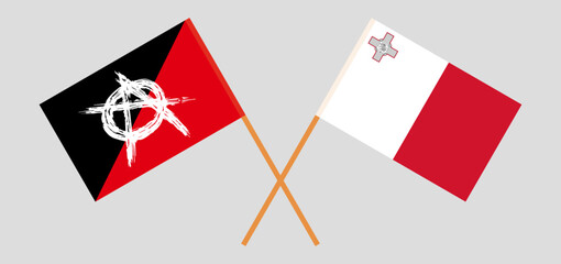 Crossed flags of anarchy and Malta. Official colors. Correct proportion - obrazy, fototapety, plakaty