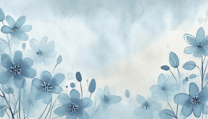 Grunge background with hand drawn blue flowers on watercolor paper for wallpaper, packaging, wedding invitations