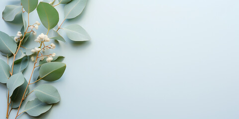 flat lay with eucalyptus branches and leaves on a blue background. aesthetic frame of eucalyptus leaves, border	 - obrazy, fototapety, plakaty
