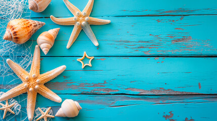 Starfish and seashells on turquoise wooden background, summer theme with copy space.
