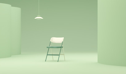 Lamp and chair on pastel green background. Creative composition. 3D render for web page, presentation, studio, store fashion	
