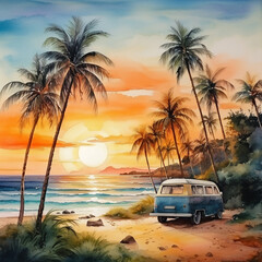 watercolor drawing, sunset landscape by the sea with a mobile home. car travel, beautiful tropical landscape with palm trees and sea