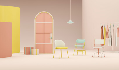 Clothes hanging on a rack, arch door, lamp and armchair on pastel pink background. Creative composition. 3D render for web page, presentation, studio, store fashion	
