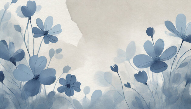 Grunge Background With Hand Drawn Blue Flowers On Watercolor Paper For Wallpaper, Packaging, Wedding Invitations