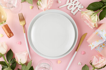 Valentine's Day dining celebration. Top view photo of plates, cutlery, hearts, roses, white wine, wine glass, gift box on pastel pink background