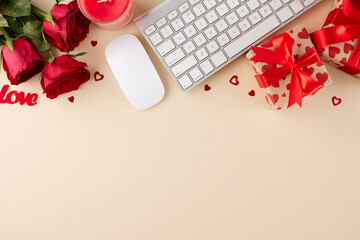 Buying Valentine's day gifts online. Top view photo of keyboard, computer mouse, present boxes, candle, red roses, sparkles on light beige background with marketing zone