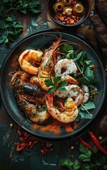 Food on a plate, seafood, shrimp, photography, created with AI