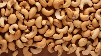 A large quantity of delicious raw cashews are arranged on a smooth tabletop in full frame top view.