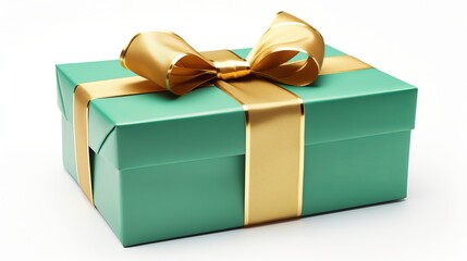 Against a white background, a green gift box with a gold bow and ribbon is isolated.