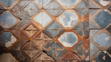 From above the worn, decorative tile floor of an ancient Marrakech building in Morocco