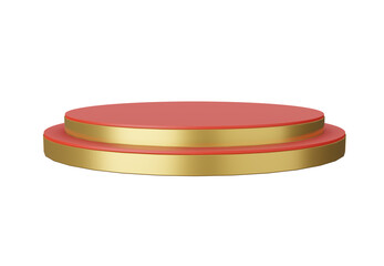 3D illustration red and gold round cylinder podium isolated on white background.