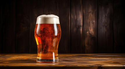 A refreshing glass of beer with a frothy head, perfectly served on a rustic wooden table.