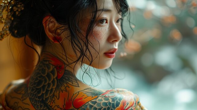 Beautiful Asian woman with tattoos.