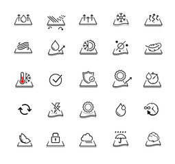 Set icons for functional fabric, clothing. Vector illustration. Isolated on white background. It can be used in the adv, promo, package, etc. EPS10.	
