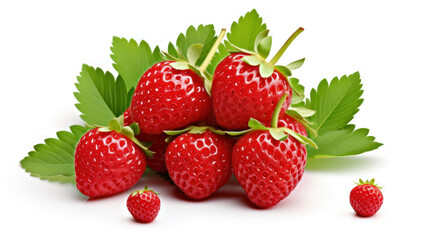 Ripe red strawberries with fresh green leaves isolated on a white background, symbolizing organic produce.