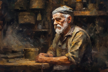 Portrait, Elderly man sitting at table, painted in watercolor in retro style.