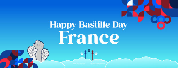 France Bastille Day banner in modern colorful geometric style. Happy French National Independence Day greeting card design with typography. Vector illustration for national holiday celebration party