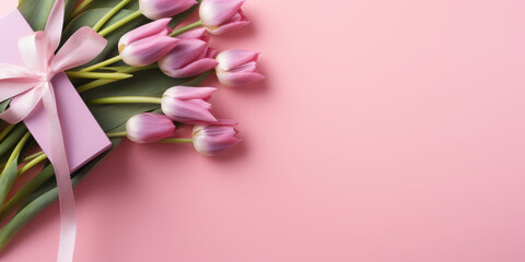 Obraz premium Bunch of tulips, holiday gift box on a pink background. There is empty space on the side of the photo for text and advertising. Holiday banner.Flat lay. Top view