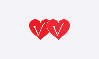 Hearts shape VV. Red heart sign letters. Valentine icon and love symbol. Romance love with heart sign and letters. Gift red love