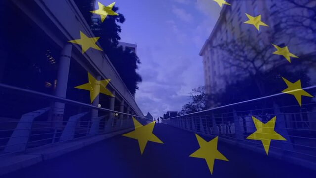 Animation of waving eu flag against time-lapse of people walking on city bridge