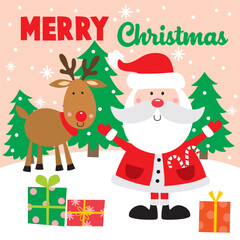 Cute Santa Claus with Reindeer and Christmas Tree