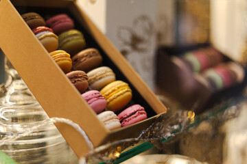 Macarons. Close up photo with some delicious different types of macarons sweets. French cuisine...