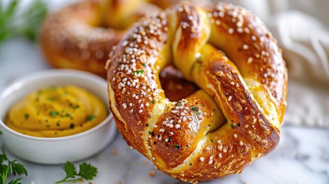 A minimalist Munich pretzel on a white marble surface, illuminated by soft, natural light from the left. A small dish of mustard on the side.